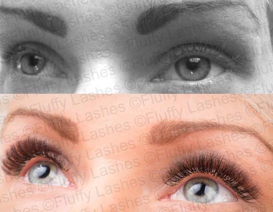 before and after picture of volume lash extensions